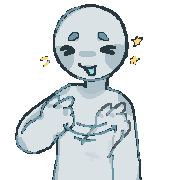 A ms paint style of a grey person. The grey person is doing the ASL sign for we/us. There are yellow stars by their head